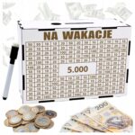 Skarbonka na wakacje na prezent – biała, 5000 zł z pisakiem