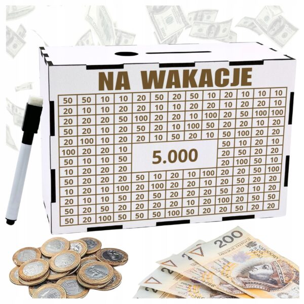 Skarbonka na wakacje na prezent – biała, 5000 zł z pisakiem