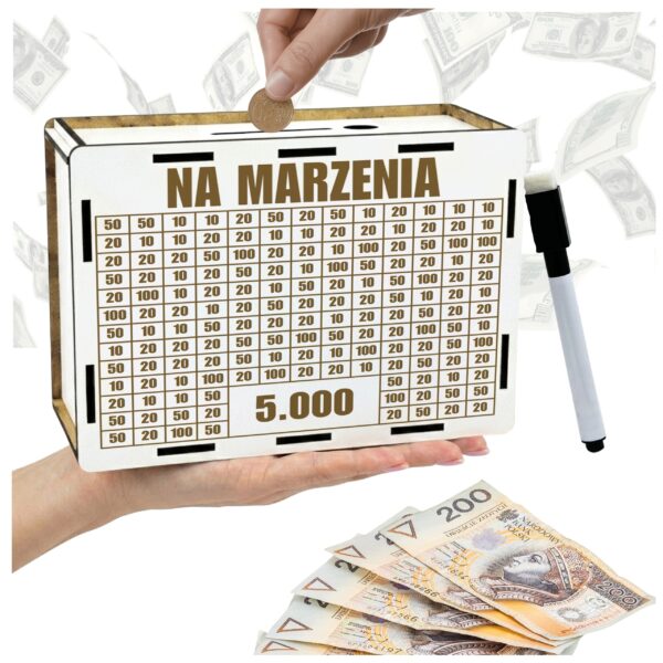 Skarbonka na marzenia 5000 zł – biała, z pisakiem
