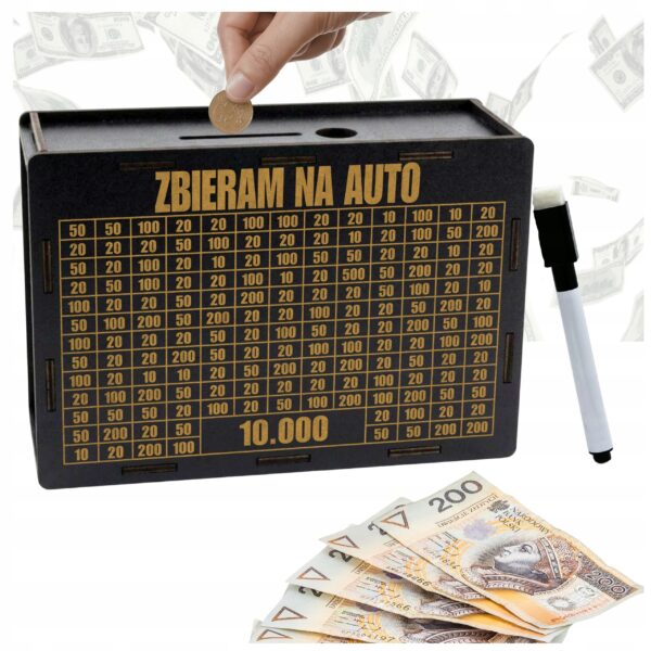 Skarbonka „Zbieram na auto” 10 000 zł – czarna, z pisakiem
