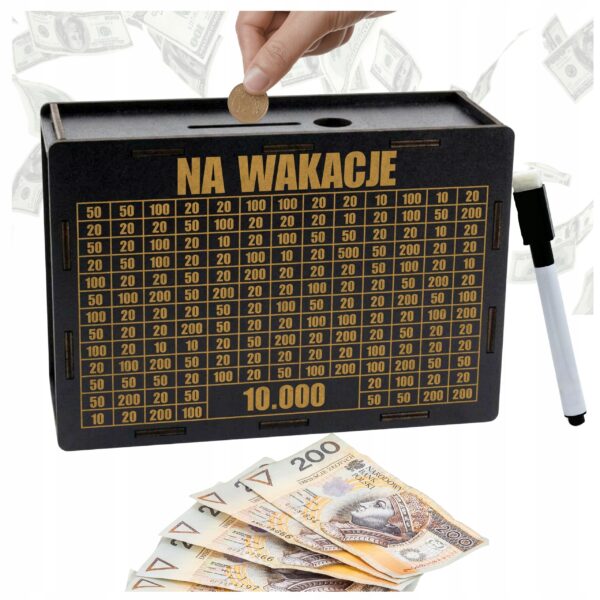 Skarbonka na wakacje 10 000 zł – czarna, z pisakiem