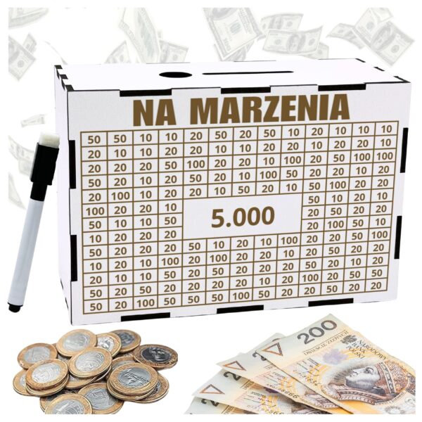 Skarbonka na marzenia na prezent – biała, 5000 zł z pisakiem
