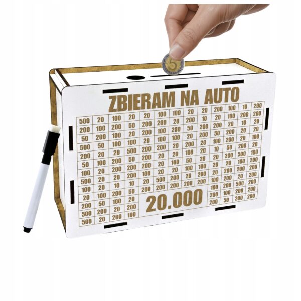 Skarbonka „Zbieram na auto” 20 000 zł – biała, z pisakiem