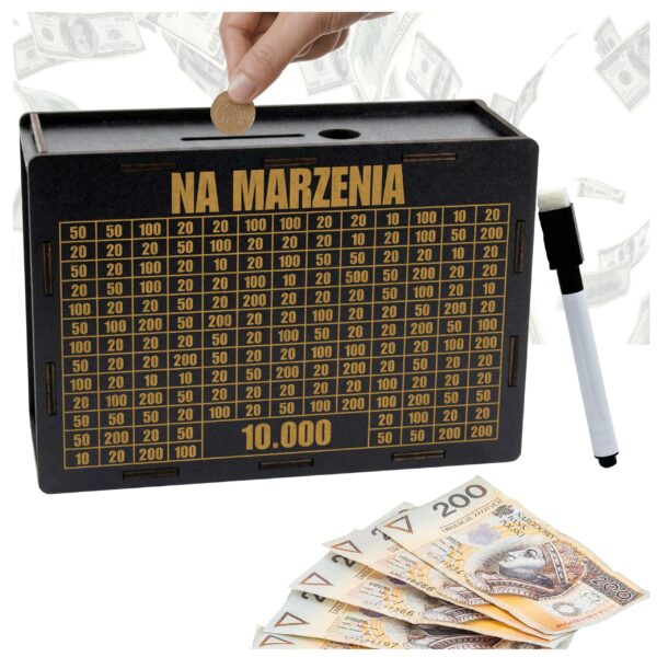 Skarbonka na marzenia 10 000 zł – czarna, z pisakiem