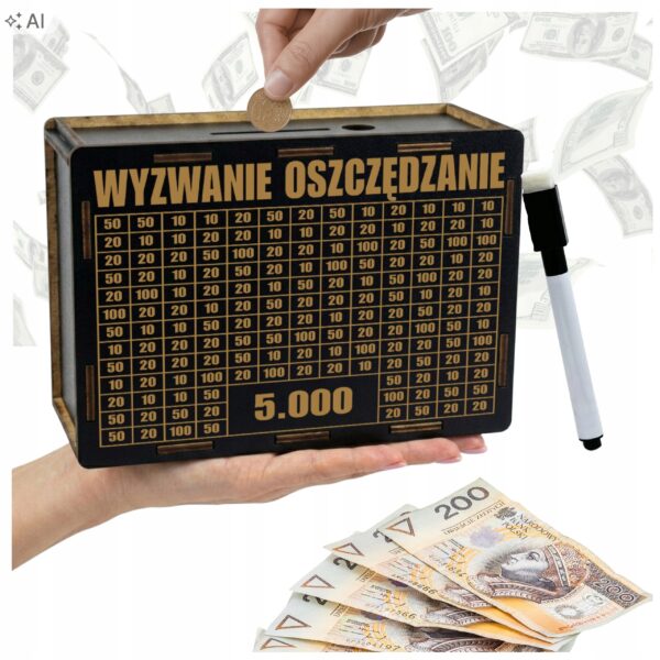Skarbonka „Wyzwanie oszczędzanie” 5000 zł – czarna, z pisakiem