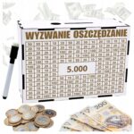 Skarbonka „Wyzwanie oszczędzanie” na prezent – biała, 5000 zł z pisakiem