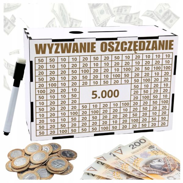 Skarbonka „Wyzwanie oszczędzanie” na prezent – biała, 5000 zł z pisakiem