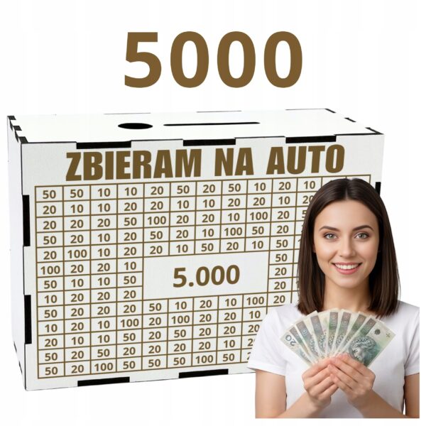 Biała skarbonka „Zbieram na auto” – cel 5000 zł
