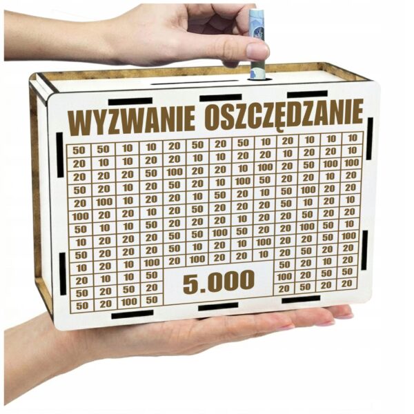Skarbonka „Wyzwanie oszczędzanie” 5000 zł – biała