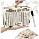 Skarbonka „Wyzwanie oszczędzanie” 5000 zł – biała, z pisakiem
