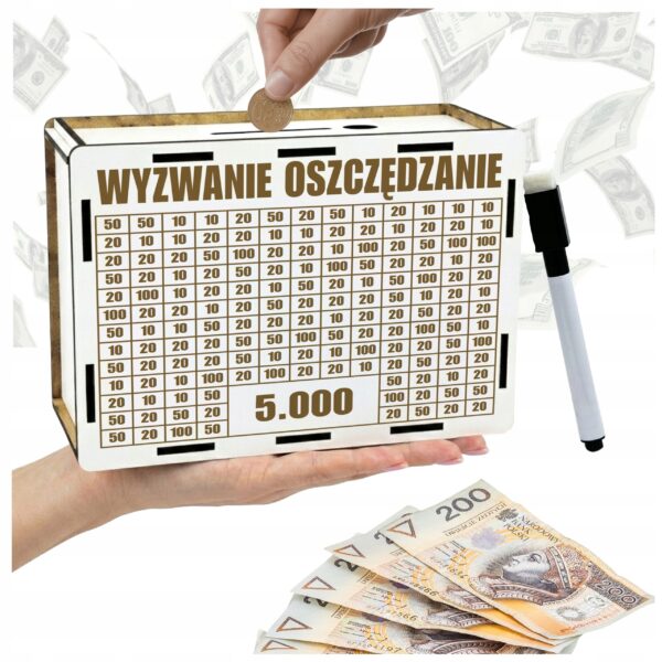 Skarbonka „Wyzwanie oszczędzanie” 5000 zł – biała, z pisakiem