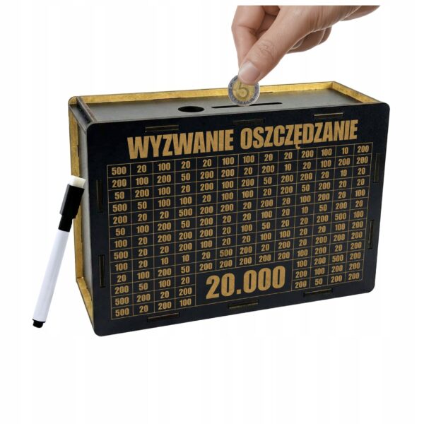 Skarbonka „Wyzwanie oszczędzanie” 20 000 zł – czarna, z pisakiem