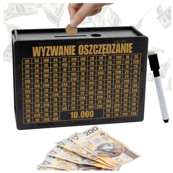 Skarbonka „Wyzwanie oszczędzanie” 10 000 zł na prezent – czarna