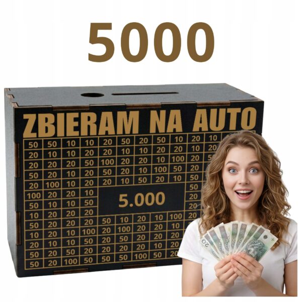 Czarna skarbonka „Zbieram na auto” – cel 5000 zł