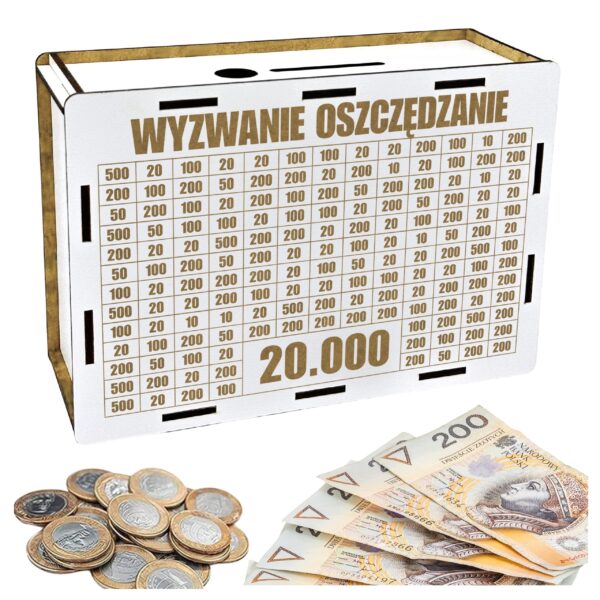 Skarbonka „Wyzwanie oszczędzanie” 20 000 zł na prezent – biała