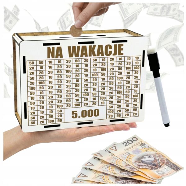 Skarbonka na wakacje 5000 zł – biała, z pisakiem