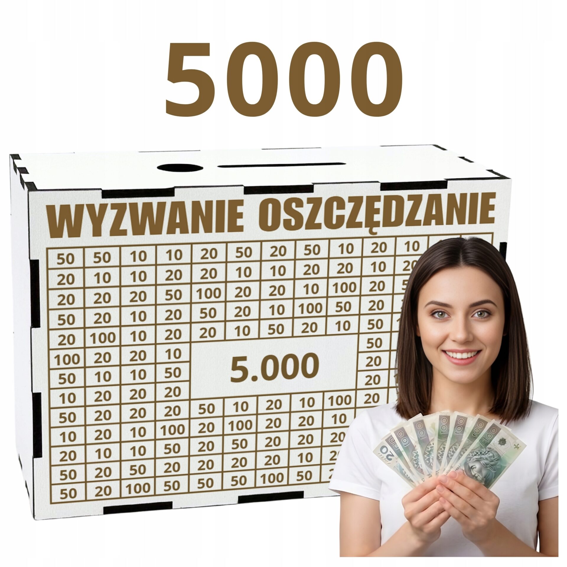 fc0494af498985d74ff5fe3022c0 Biała skarbonka „Wyzwanie oszczędzanie” – cel 5000 zł - obrazek 1