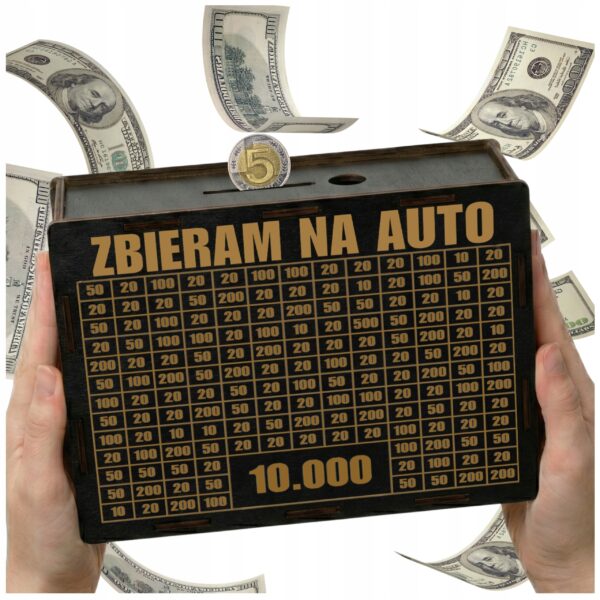 Skarbonka „Zbieram na auto” 10 000 zł – czarna, na rodzinne auto