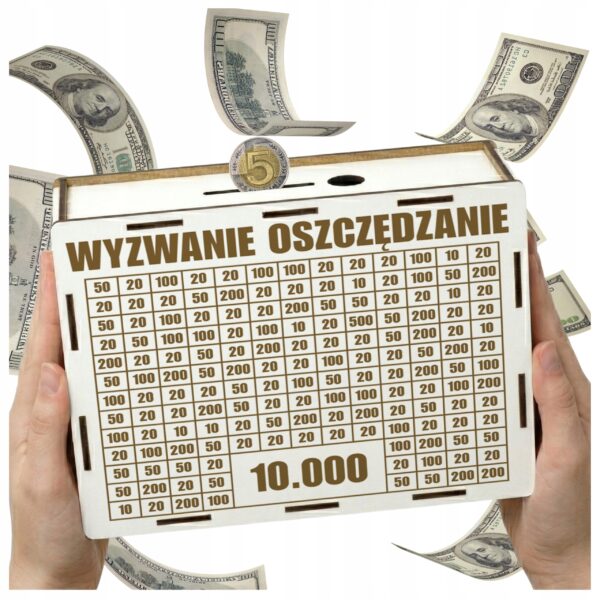 Skarbonka „Wyzwanie oszczędzanie” 10 000 zł – biała, upominek dla pracownika