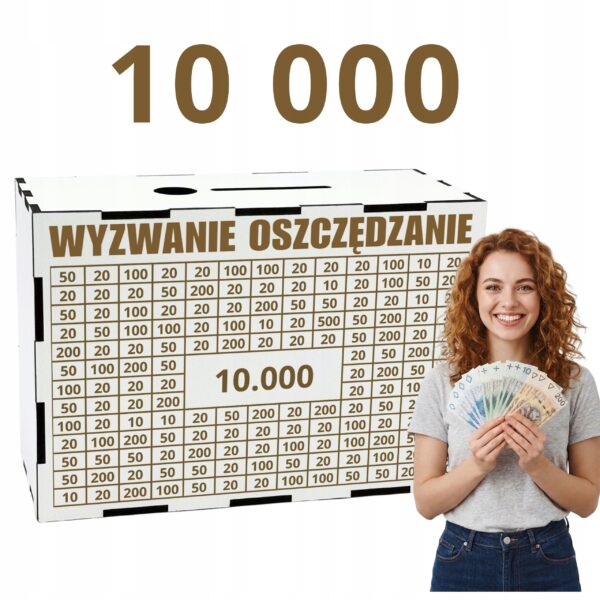 Skarbonka „Wyzwanie oszczędzanie” 10 000 zł na prezent – biała